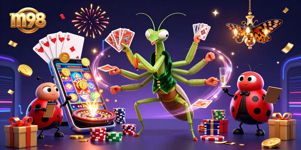 Engage with thrilling m98 online gaming via slots and live casino excitement in a vibrant 3D illustration.
