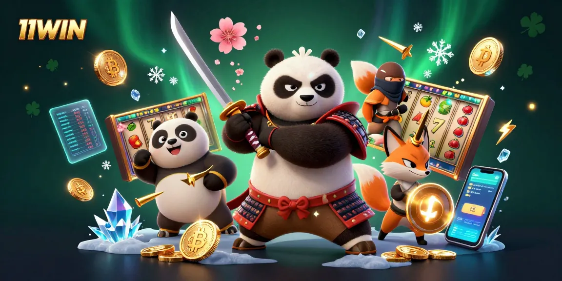 Engage in thrilling casino gameplay with 11WIN, featuring a dynamic illustration of samurai panda, ninja fox, and magical spirit.
