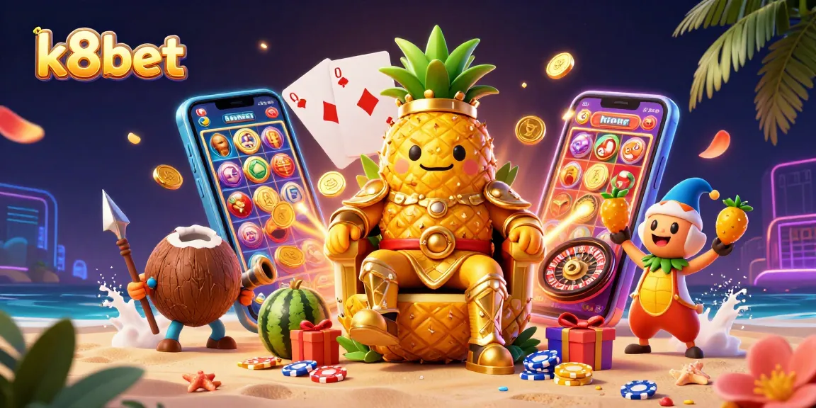 K8bet brings excitement with a golden pineapple king, casino games, and vibrant tropical elements.