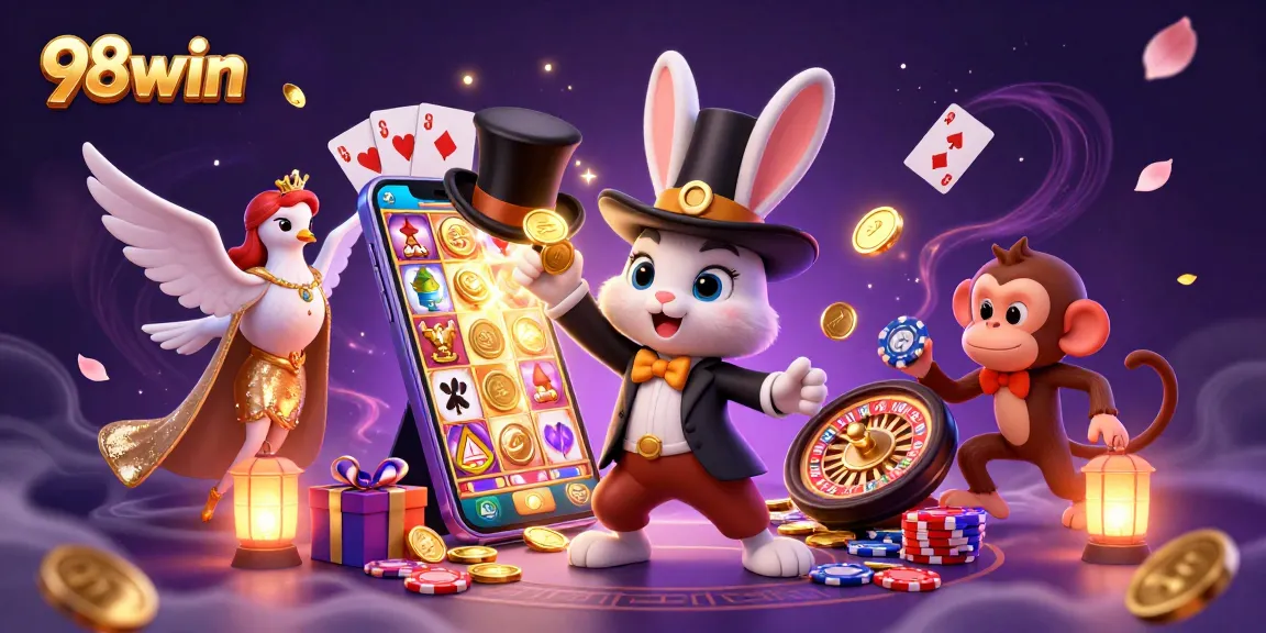 Experience the thrill of 98win with a magician rabbit conjuring coins amidst vibrant casino elements.