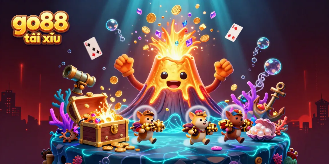 Experience the thrill of go88 tài xỉu with a gold erupting volcano and treasure elements.