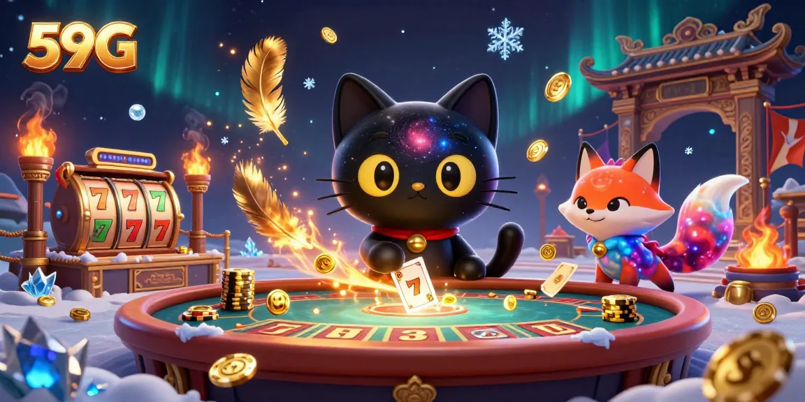 Engage with 59G casino adventures featuring a black hole cat and a nebula fox amidst vibrant gaming elements.