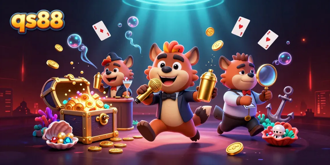 Get ready to party at qs88's vibrant casino with hyena entertainers, golden treasures, and energetic atmosphere!