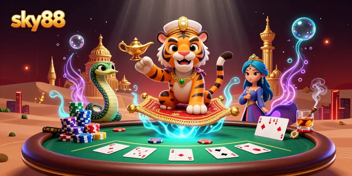 Engage with sky88 featuring dynamic poker action with a 3D Arabian-themed scene full of vibrant gaming elements.