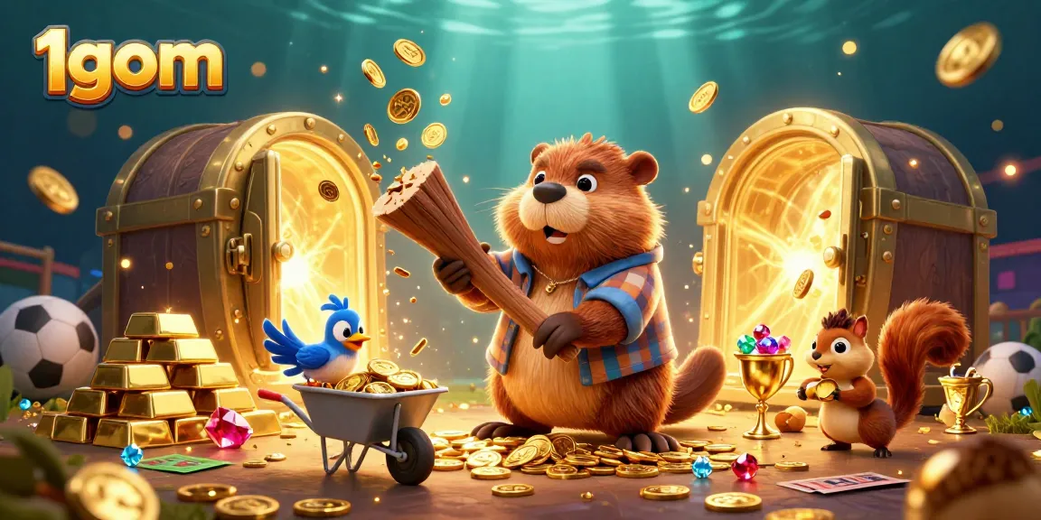 Experience sports betting with 1gom in an exciting 3D illustration showcasing gold coins and treasures.