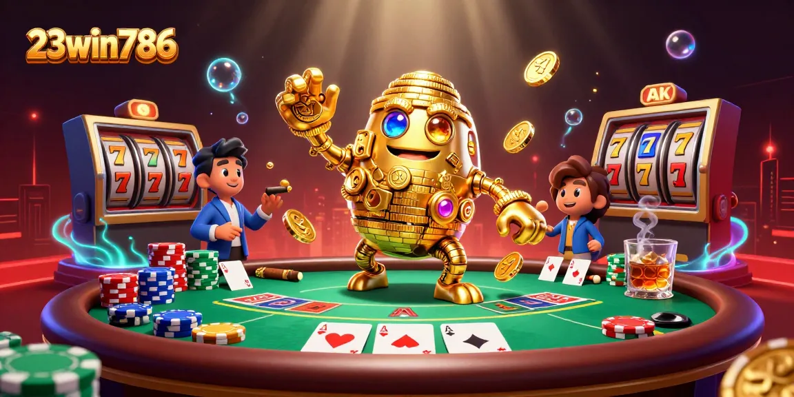 Experience thrills with 23win786's animated golden golem at the exciting poker table filled with vibrant gaming elements.