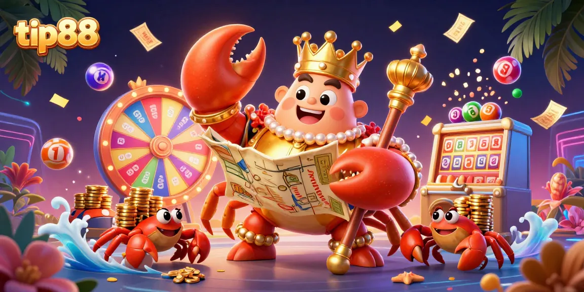 Experience thrilling victories at tip88 with vibrant lottery elements and a golden crab emperor.