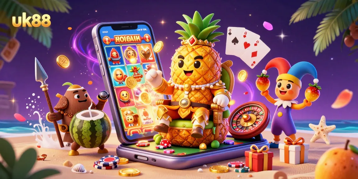Spin to win with uk88's thrilling 3D golden gaming scene featuring slots and royal characters.