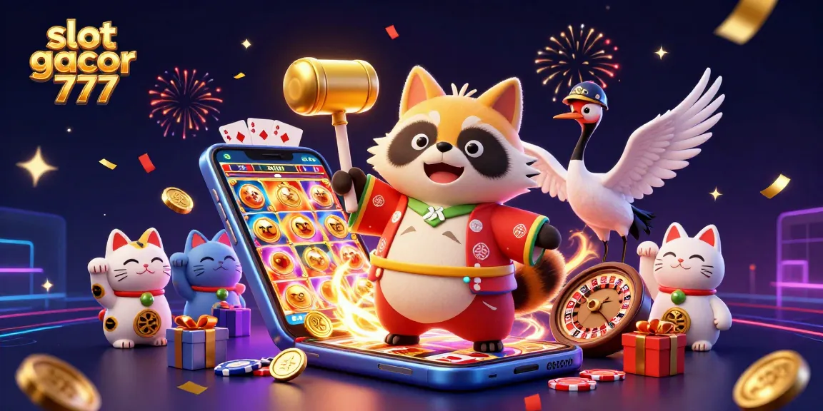 Engaging scene of slot gacor 777 with cheerful tanuki, game elements, and festive background creating excitement.