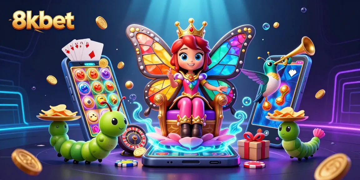 Experience the vibrant world of 8xbet with a whimsical butterfly queen in a gaming paradise.