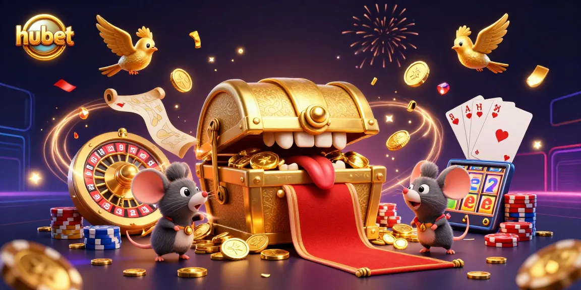 Win at hubet with a treasure chest beckoning adventurers, surrounded by casino excitement and dynamic game elements.