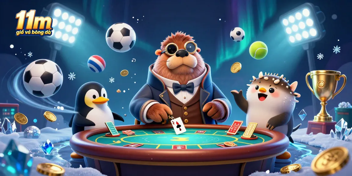 Engage with thrilling moments of 11m giải trí bóng đá at a bustling underwater poker table, showcasing vibrant characters and sports excitement.