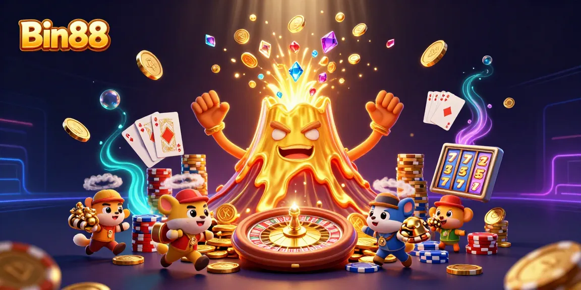 Bin88 casino illustration showcasing a thriving volcanic treasure eruption with golden coins and vibrant game elements.