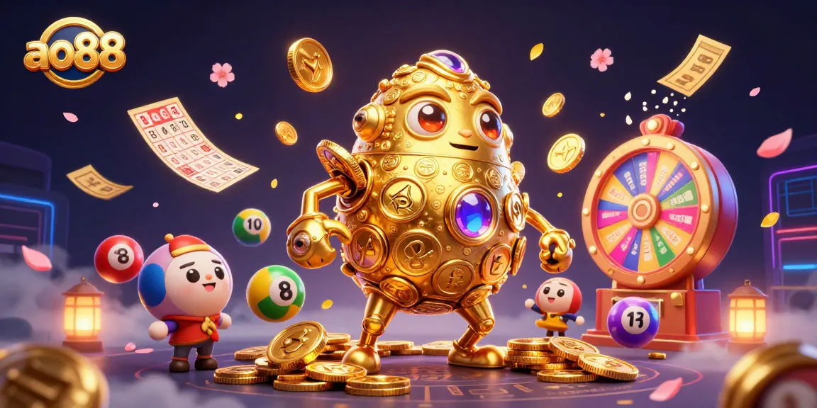 Play exciting lottery games and slots at ao88 with a dazzling golden golem and vibrant prize elements.