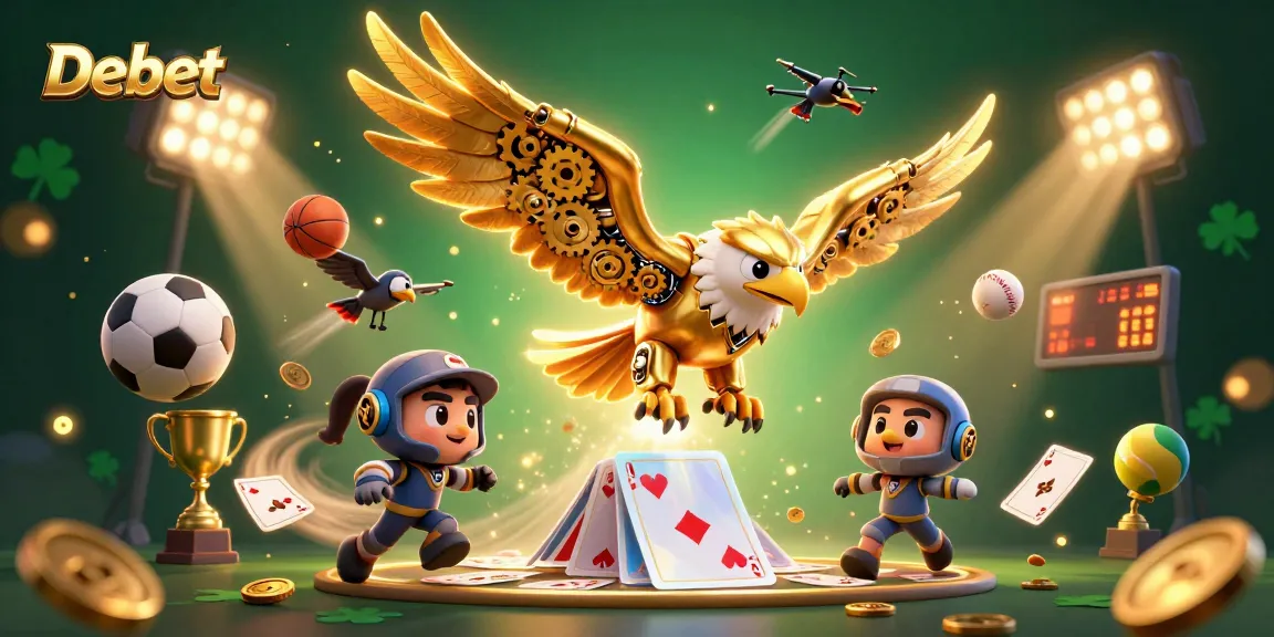 Bet on Debet with action-packed 3D golden eagle amidst dynamic sports elements that energize the gambling scene.