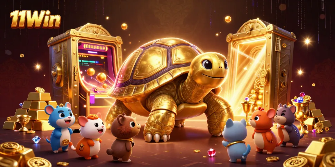 Engaging scene showcasing the excitement of 11Win Casino with animated characters and golden treasures.