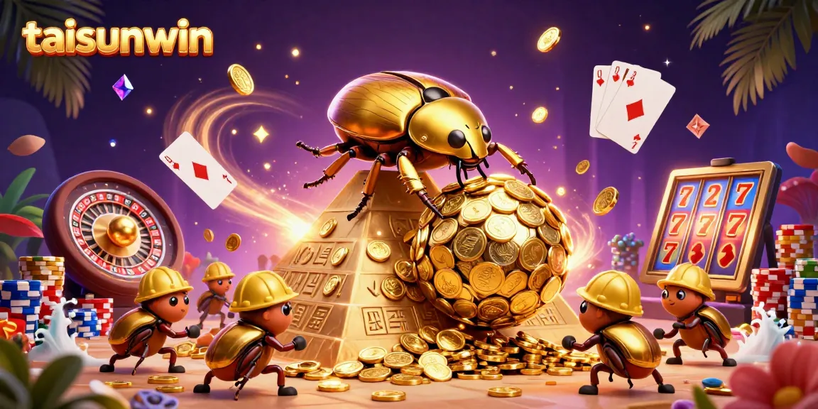 Win big at taisunwin as a golden dung beetle rolls coins while symbols cascade through the vibrant scene.