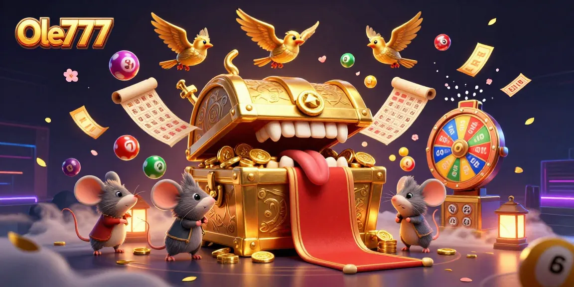 Engage in thrilling gameplay at Ole777 with vibrant illustrations of treasure, bingo, and lottery fun.