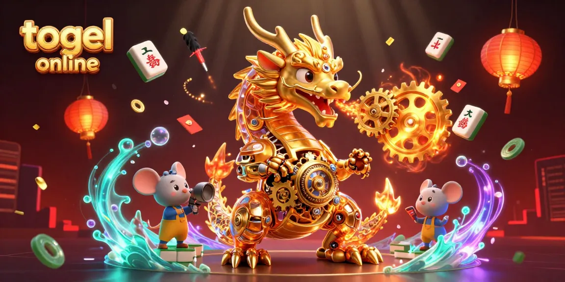 Engage in togel online with dynamic action featuring a golden dragon breathing gears and cogs amidst festive gambling elements.
