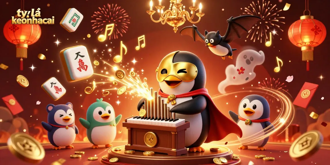 Experience top tỷ lệ keonhacai dynamics with a penguin organist and a bat acrobat at a festive casino illustration.