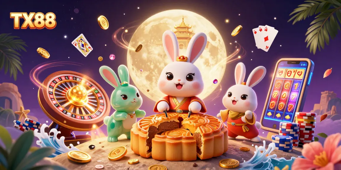Experience TX88 with a moon rabbit celebrating casino success with golden coins and poker chips.