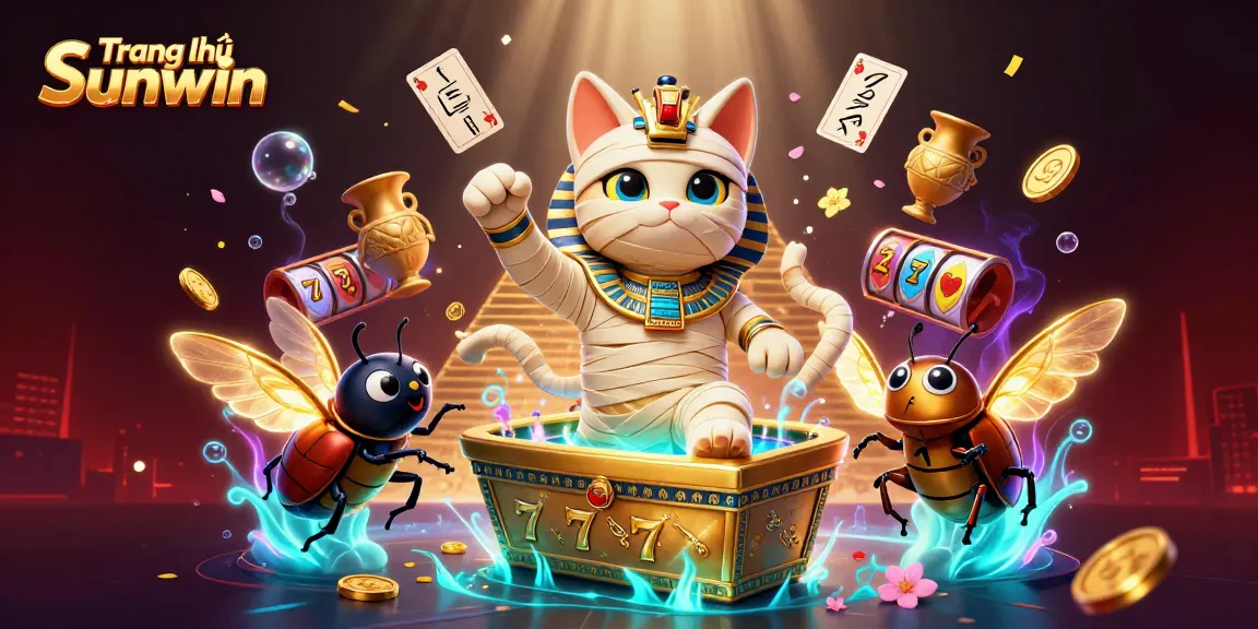 Engage with top-tier slots at Trang chủ Sunwin, featuring dynamic action of a cartoon mummy and casino elements.