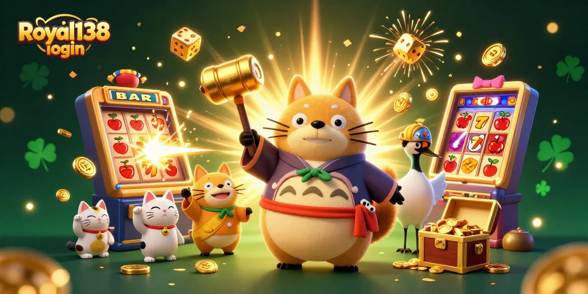 Pengalaman bermain Royal138 login dengan slot gacor dan simbol keberuntungan dalam ilustrasi 3D yang menarik.