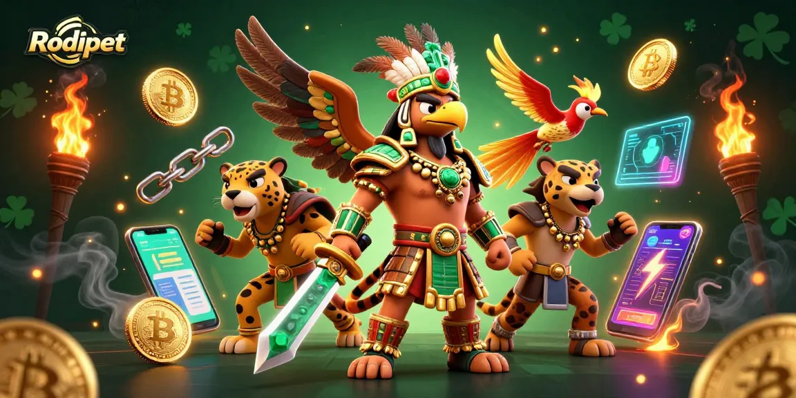 Engage with Rodipet in a vibrant gaming scene filled with cryptocurrency elements and excitement.