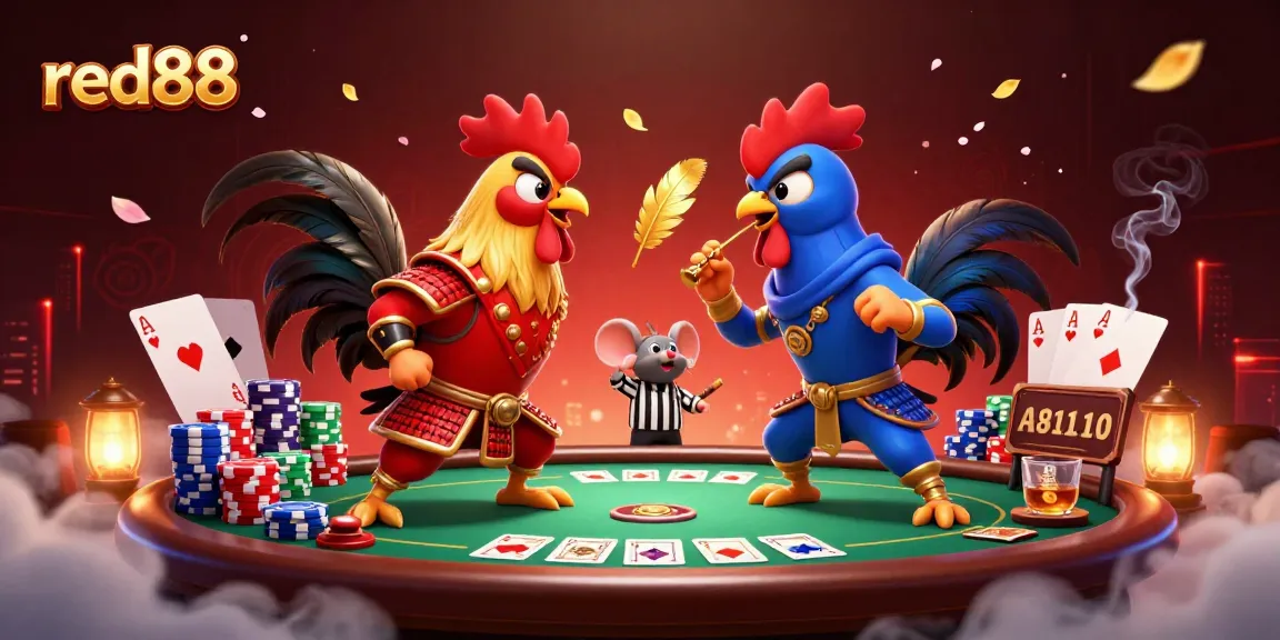 red88 captures a dynamic standoff between cartoon roosters in dramatic casino setting