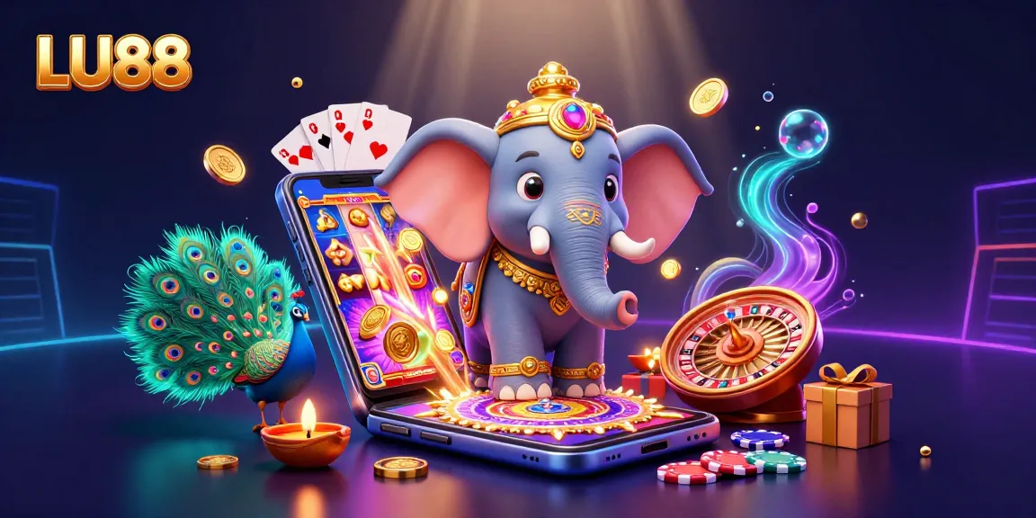 LU88 captivates with 3D slots, vibrant characters, and dynamic casino gaming elements in a rich scene.