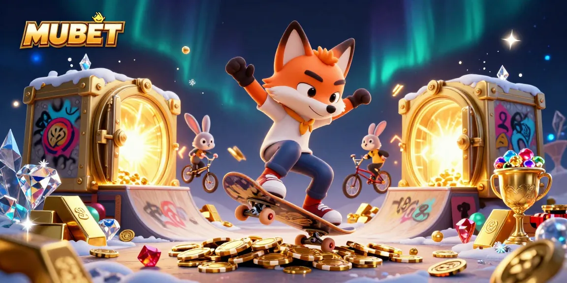 MUBET roller action with a skateboarder fox and BMX rabbit, symbolizing casino excitement.