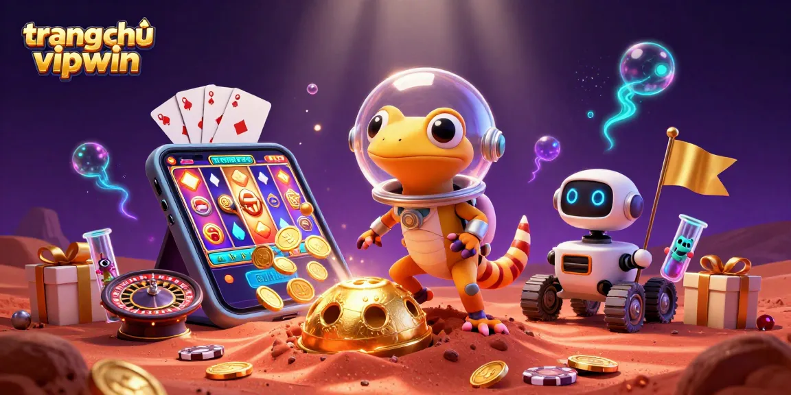 Engage with the exciting world of trang chủ vipwin, featuring a Martian gecko and robot in a vibrant casino scene.