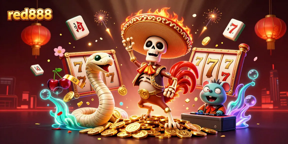 Experience red888 with a vibrant 3D casino scene featuring a dancing rooster and slot reels