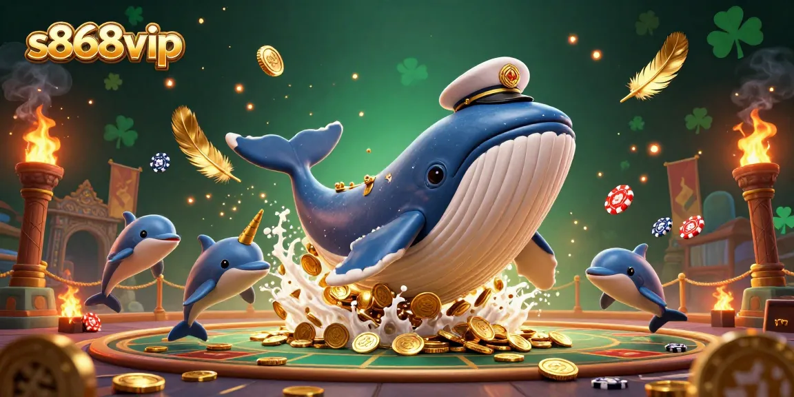Engage with s868vip in a vibrant 3D casino scene featuring a cartoon whale, narwhal, and playful dolphins.
