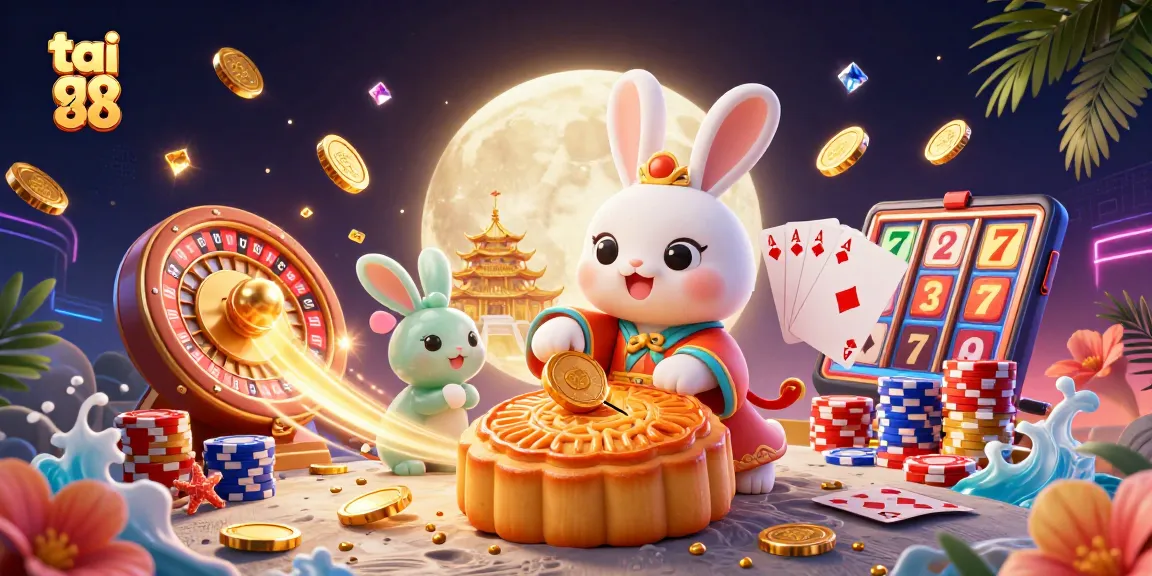 Engage with tai go 88 in this vibrant 3D illustration showcasing cute moon rabbits in a casino-themed lunar landscape.