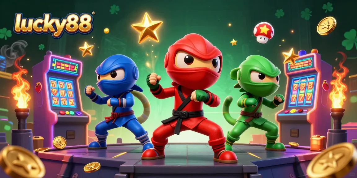 Engage with lucky88's vibrant 3D gaming atmosphere featuring chameleons and slot machine elements.