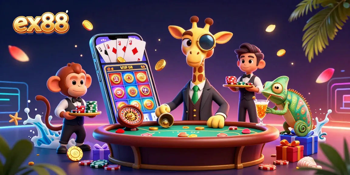 Spin the reels at ex88 with vibrant slot games and engaging characters in a dynamic casino scene.