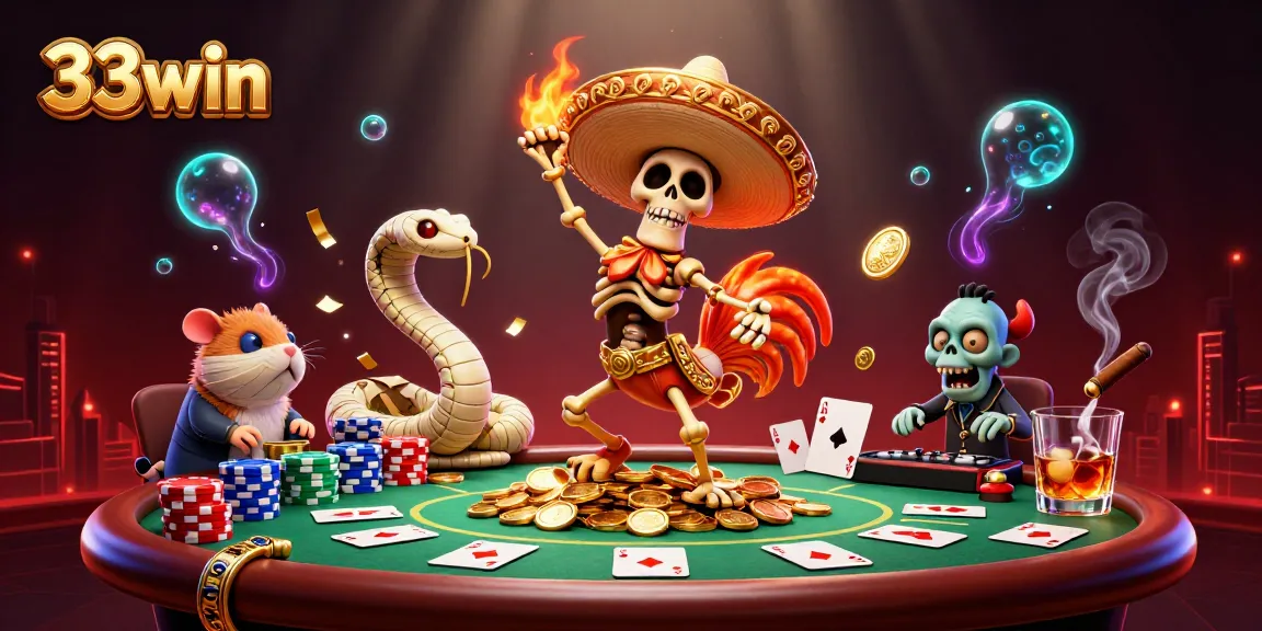 33win victory dance scene with a mariachi rooster and casino elements in vibrant 3D illustration.