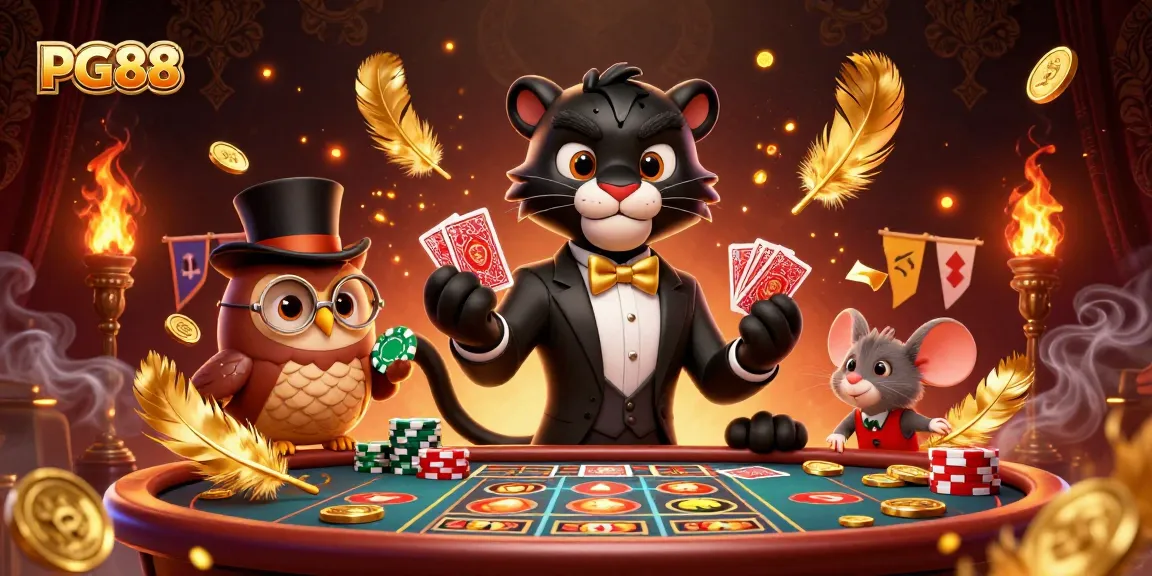Experience fun gaming at PG88 with a stylish panther dealer and vibrant casino setting.