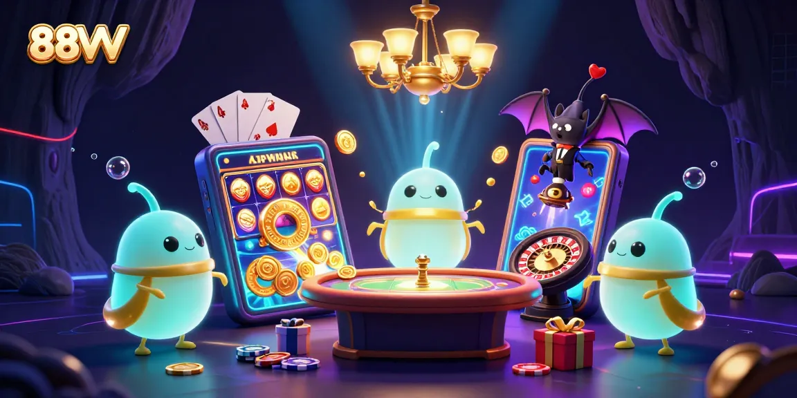 Join the adventure at 88VV Casino, illuminated by bioluminescent glowworms and vibrant gaming elements.