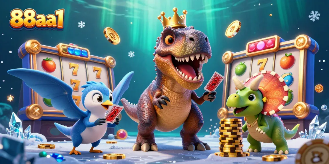 Experience thrilling slots gameplay at 88aa1 with a vibrant, colorful casino illustration featuring characters and elements.
