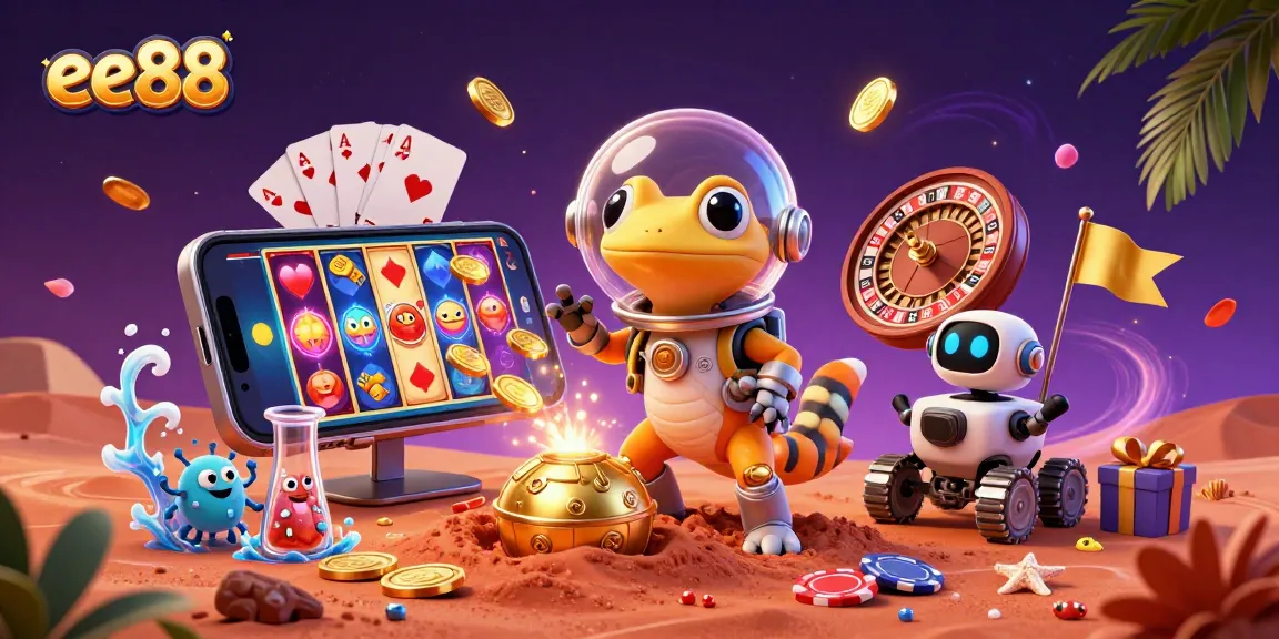 Engage with ee88's Martian gecko discovering a vibrant casino, featuring casino games and fun elements.
