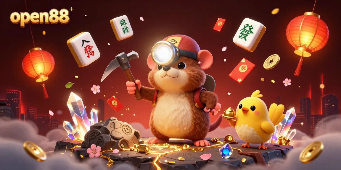 Experience the excitement of open88 with this vibrant treasure hunting scene in a glowing cave.