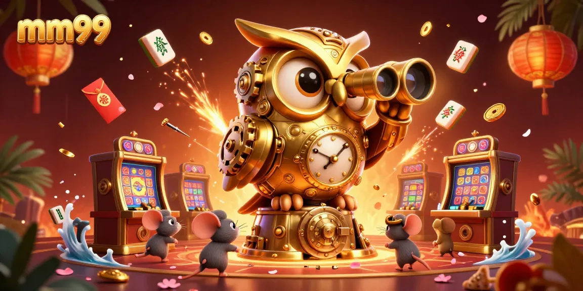 Engage in gaming excitement with mm99 as an animated golden owl oversees a vibrant casino