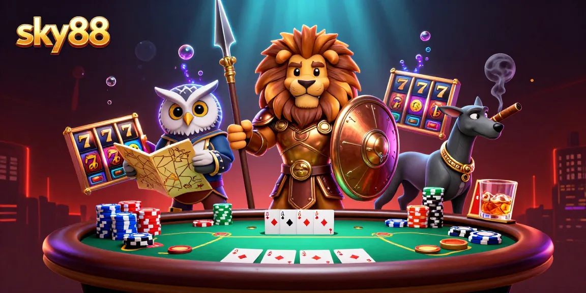Engage in thrilling gameplay as sky88 offers a vibrant scene with a Spartan lion and tactical characters amidst casino action.