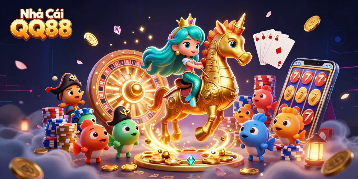Experience the thrill of Nhà Cái QQ88 with vibrant casino elements featuring a mermaid princess and seahorse.