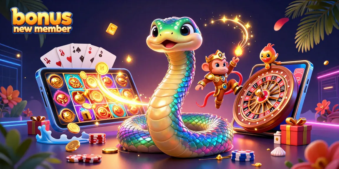 Engage with the bonus new member promotion featuring a vibrant casino scene with playful characters and exciting game elements.