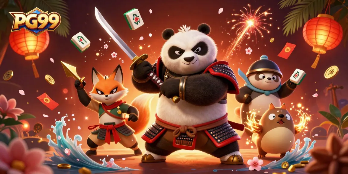 Experience thrilling games at PG99 with a vibrant samurai panda and ninja fox amidst dynamic casino elements.