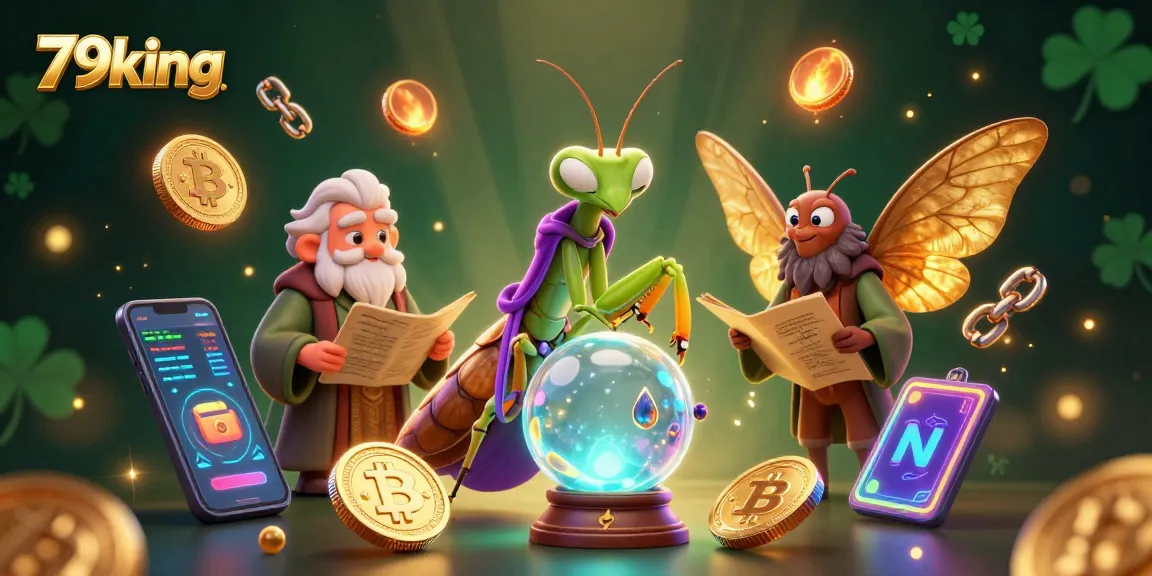 Engage with the thrilling universe of 79king, featuring a whimsical fortune teller and vibrant crypto elements.