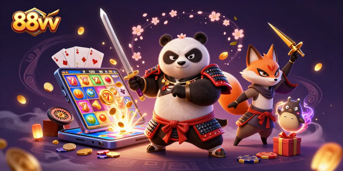 Experience thrilling gameplay with 88vv as the samurai panda battles in a rich, lively casino scene.